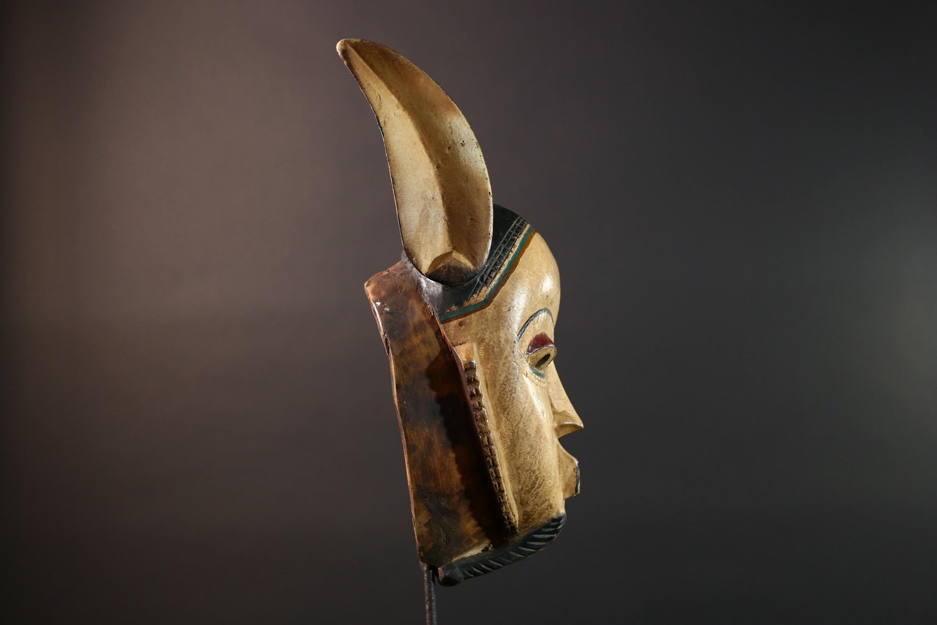 African mask Kwele tribal wall decor with curved horns carved face art collectible home accent heart shaped portrait carving G5571