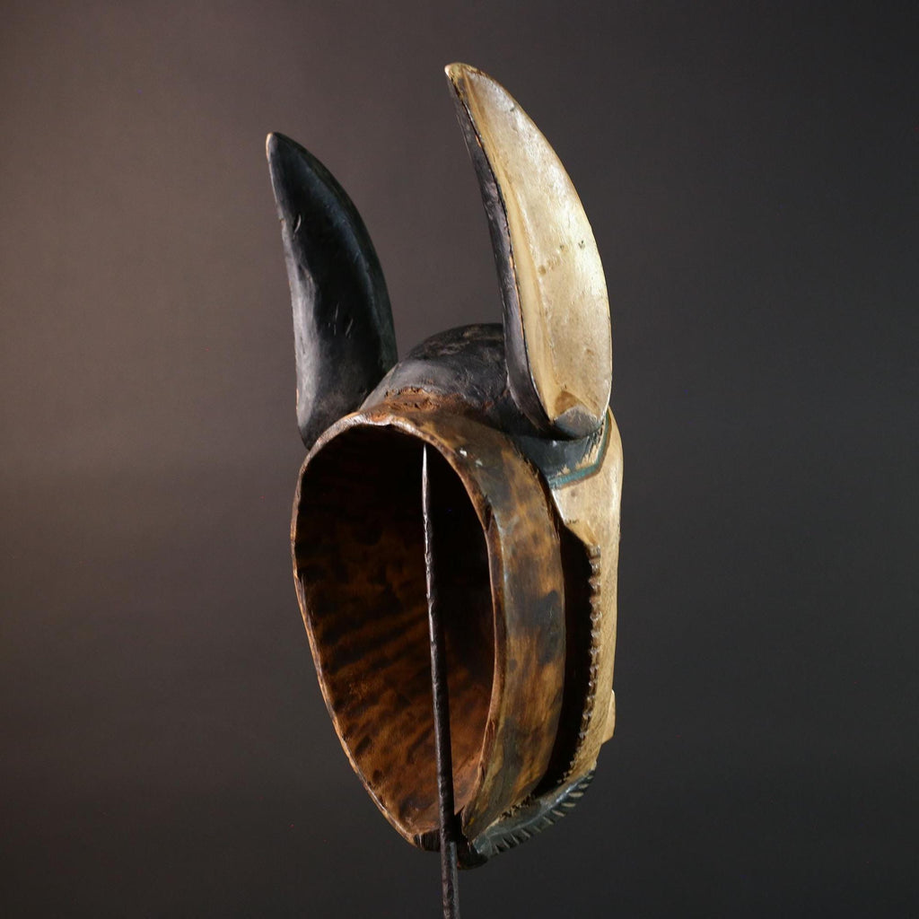 African mask Kwele tribal wall decor with curved horns carved face art collectible home accent heart shaped portrait carving G5571