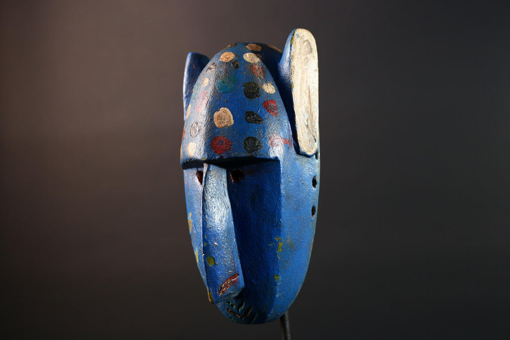 African mask Bwa spirit animal with long snout, blue painted surface, carved ears, and multicolor dotted tribal finish wall decor G5574
