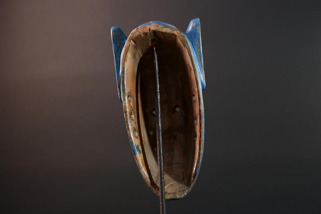 African mask Bwa spirit animal with long snout, blue painted surface, carved ears, and multicolor dotted tribal finish wall decor G5574