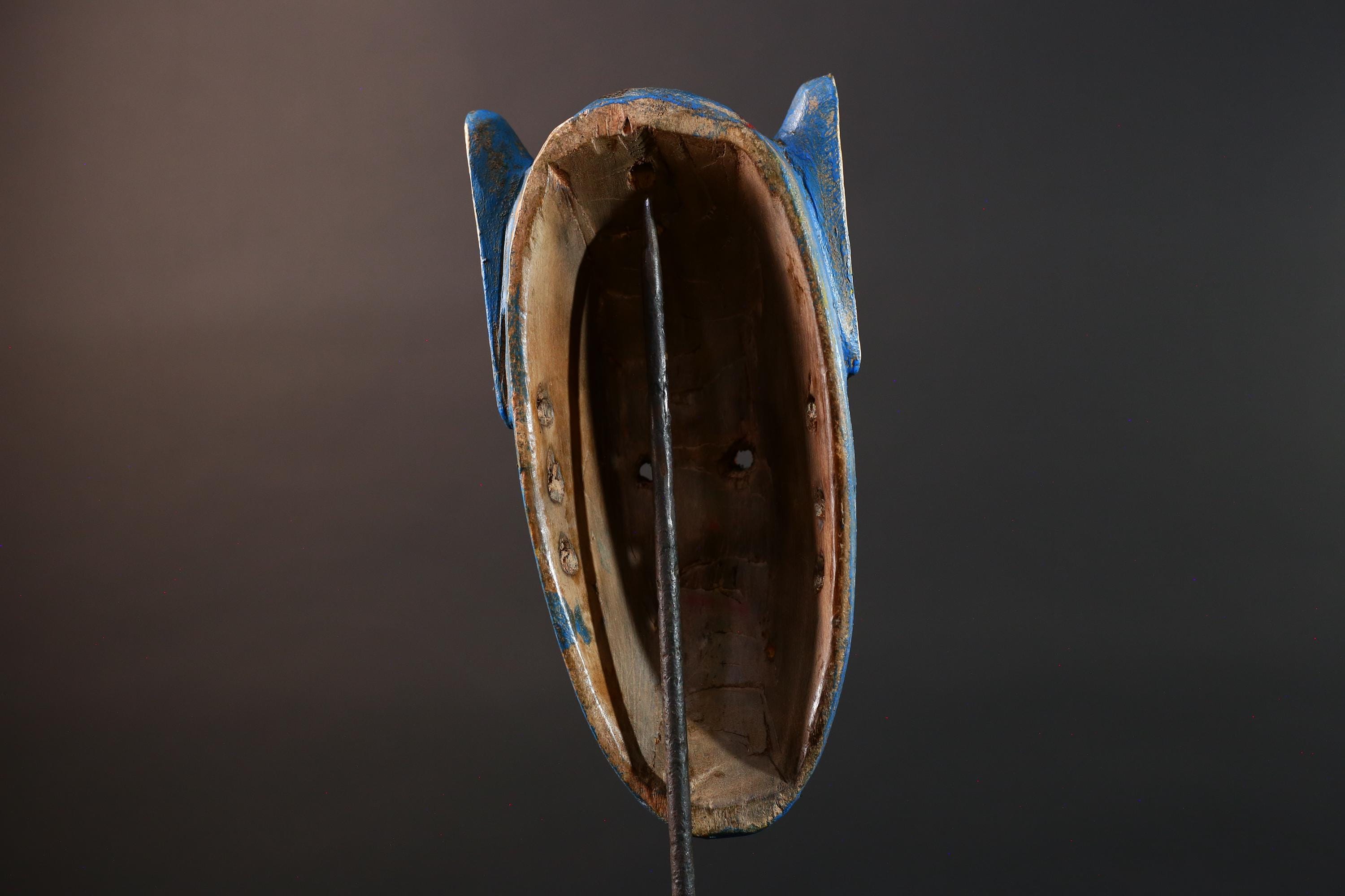 African mask Bwa spirit animal with long snout, blue painted surface, carved ears, and multicolor dotted tribal finish wall decor G5574