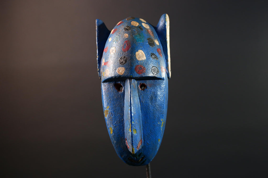 African mask Bwa spirit animal with long snout, blue painted surface, carved ears, and multicolor dotted tribal finish wall decor G5574
