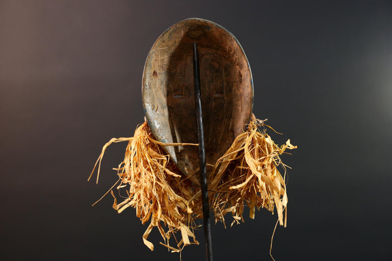 African mask Dan blue face with raffia fringe, slitted eyes, tribal carving from Côte d’Ivoire for ceremonial wall art or decor G5576