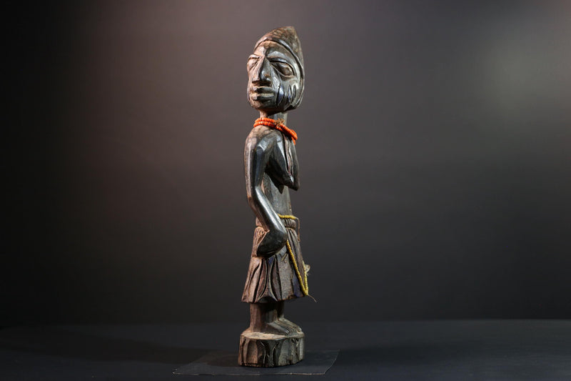 African statue Yoruba carved female figure from Nigeria with beads, tribal details, and dark finish for spiritual home decor G5561