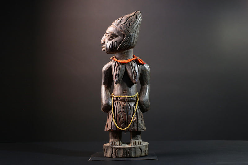 African statue Yoruba carved female figure from Nigeria with beads, tribal details, and dark finish for spiritual home decor G5561