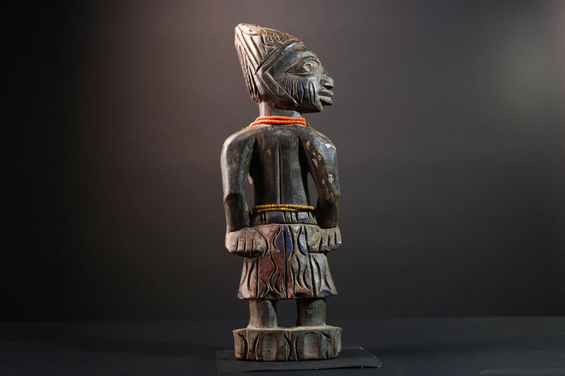 African statue Yoruba carved female figure from Nigeria with beads, tribal details, and dark finish for spiritual home decor G5561