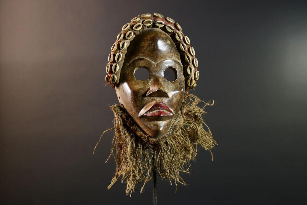 African Dan Mask Hand Carved Cowrie Shell Rustic Tribal Wall Decor Art Sculpture Gallery Display Very Unique Home Accent Wood Carving-G5696