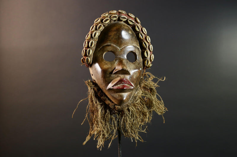 African Dan Mask Hand Carved Cowrie Shell Rustic Tribal Wall Decor Art Sculpture Gallery Display Very Unique Home Accent Wood Carving-G5696