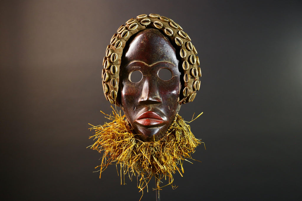 African Dan Mask Cowrie Shell Raffia Beard Hand Carved Wooden Ethnic Tribal Wall Hanging Art Sculpture Patina Handpainted RusticII ECO-G5697