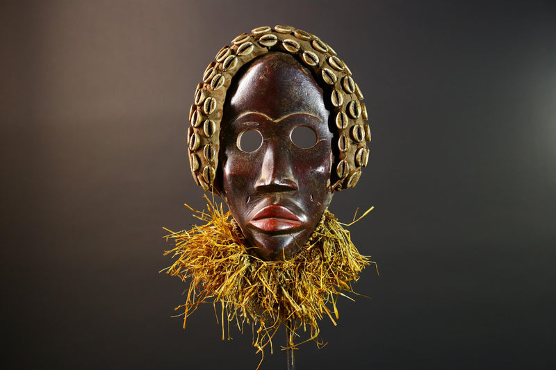 African Dan Mask Cowrie Shell Raffia Beard Hand Carved Wooden Ethnic Tribal Wall Hanging Art Sculpture Patina Handpainted RusticII ECO-G5697