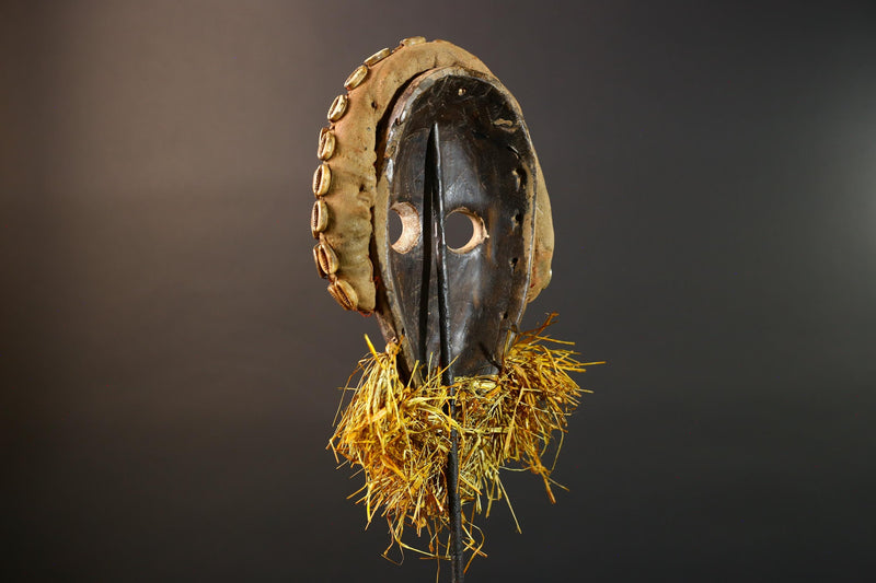African Dan Mask Cowrie Shell Raffia Beard Hand Carved Wooden Ethnic Tribal Wall Hanging Art Sculpture Patina Handpainted RusticII ECO-G5697