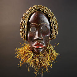 African Dan Mask Cowrie Shell Raffia Beard Hand Carved Wooden Ethnic Tribal Wall Hanging Art Sculpture Patina Handpainted RusticII ECO-G5697