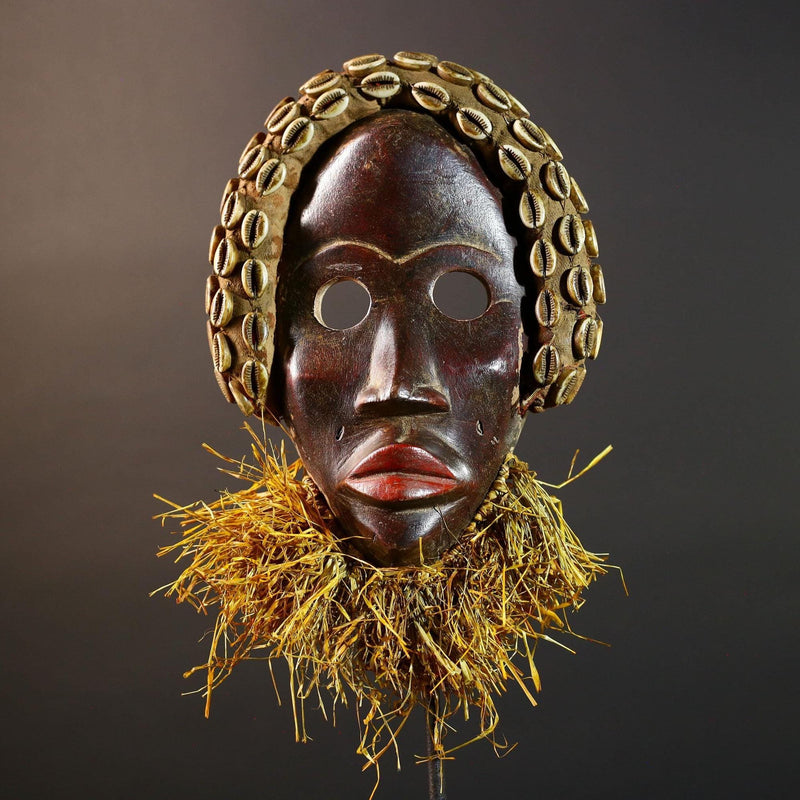 African Dan Mask Cowrie Shell Raffia Beard Hand Carved Wooden Ethnic Tribal Wall Hanging Art Sculpture Patina Handpainted RusticII ECO-G5697