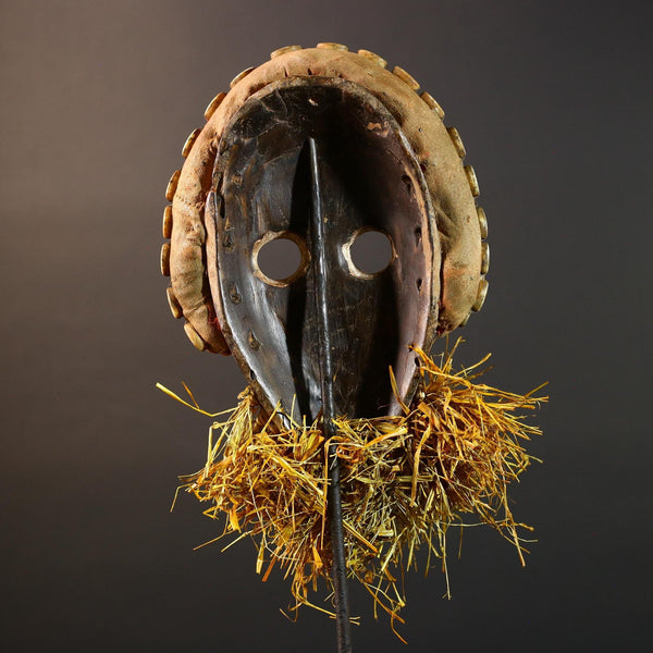 African Dan Mask Cowrie Shell Raffia Beard Hand Carved Wooden Ethnic Tribal Wall Hanging Art Sculpture Patina Handpainted RusticII ECO-G5697