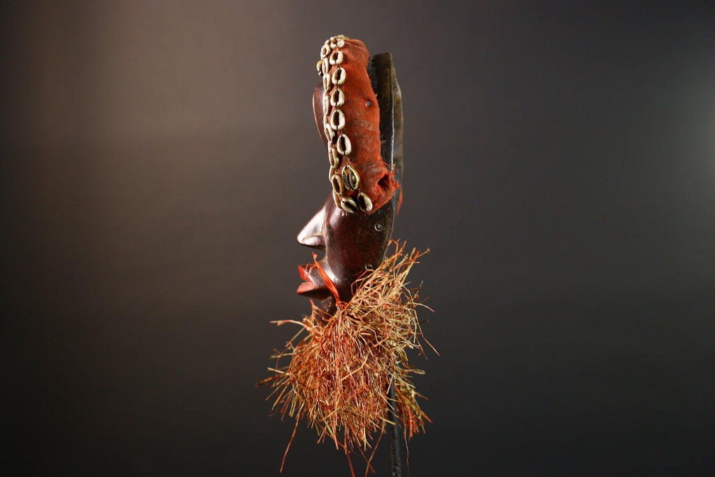 African Cowrie Mask Raffia Beard Mask Tribal Wall Decor Handcrafted Wood Mask Ethnic Home Accent Wooden Artwork Mask Unique Mask-G5698