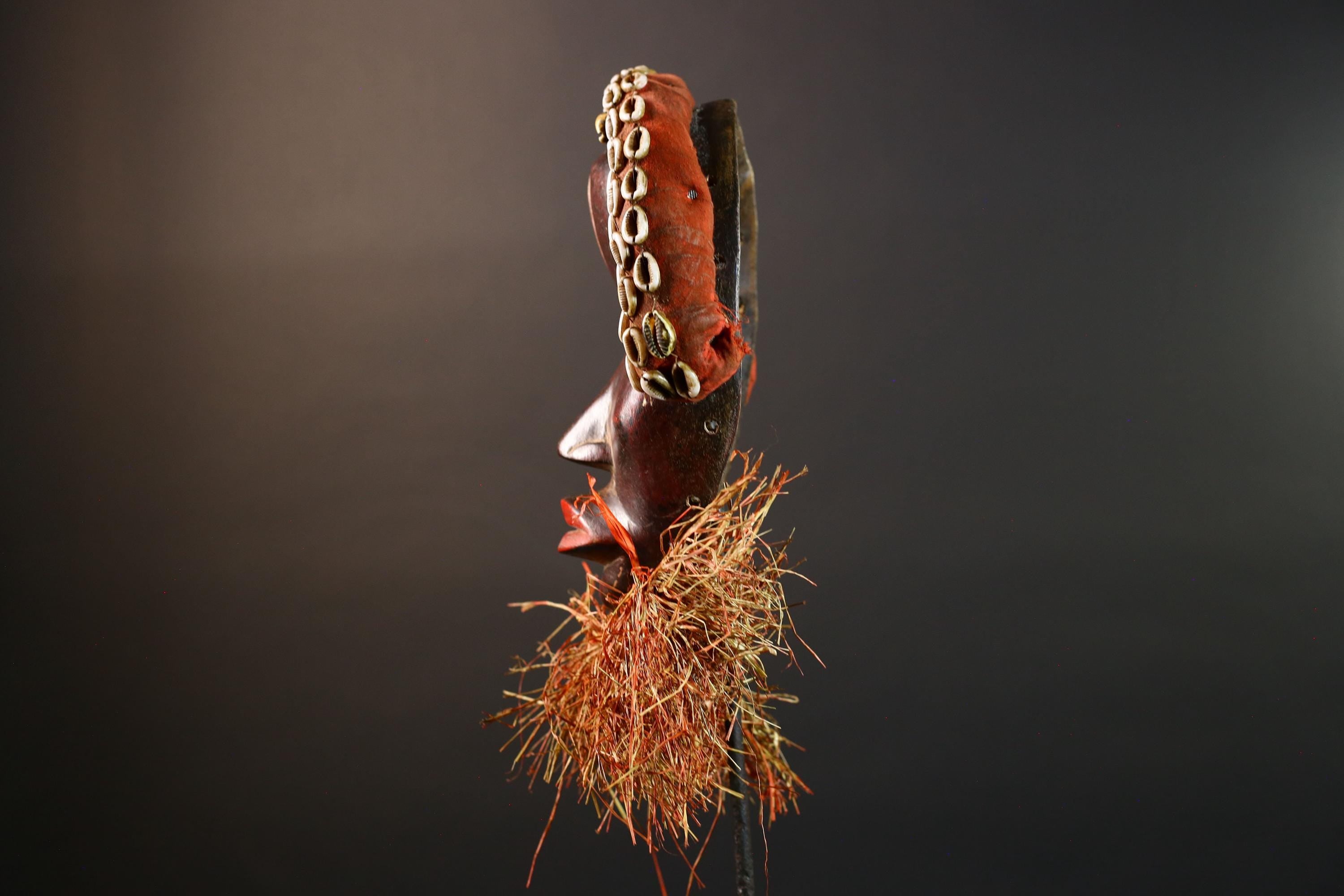 African Cowrie Mask Raffia Beard Mask Tribal Wall Decor Handcrafted Wood Mask Ethnic Home Accent Wooden Artwork Mask Unique Mask-G5698