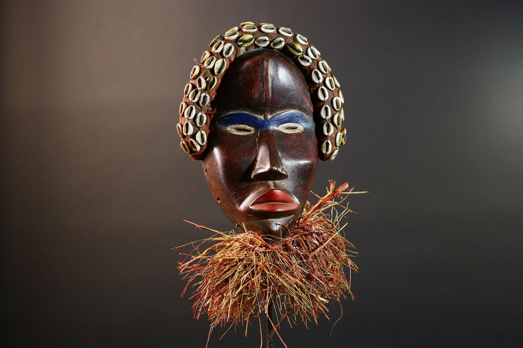 African Cowrie Mask Raffia Beard Mask Tribal Wall Decor Handcrafted Wood Mask Ethnic Home Accent Wooden Artwork Mask Unique Mask-G5698