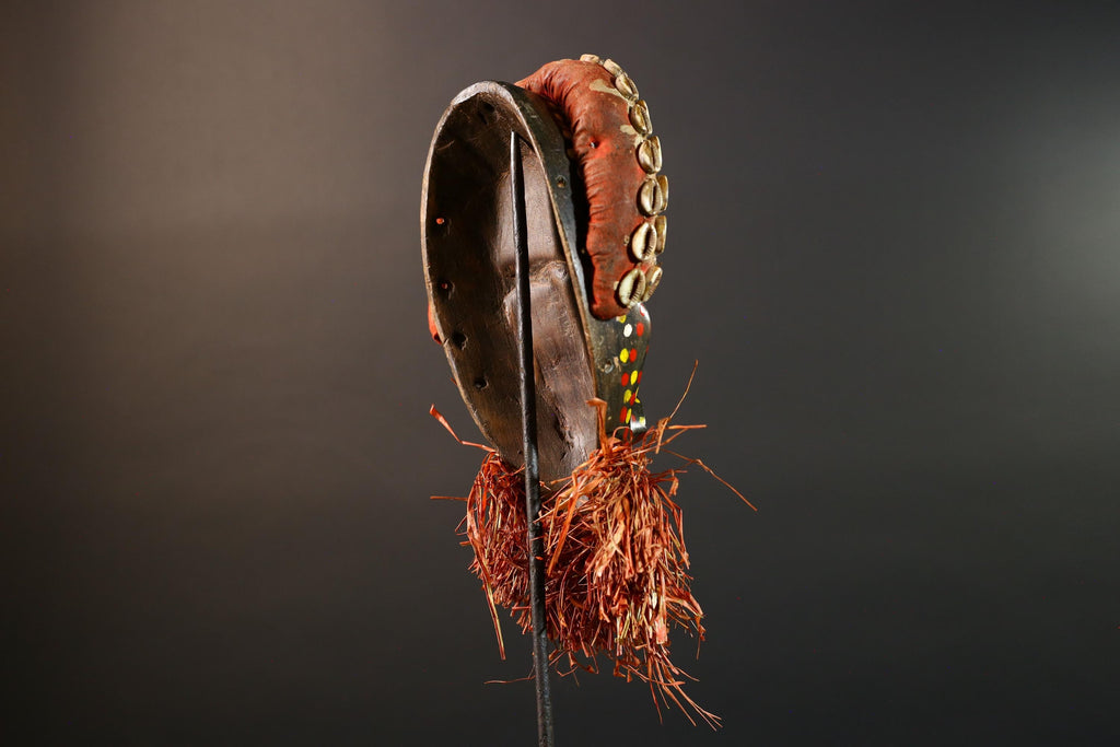 Authentic African Cowrie Shell Mask with Colorful and Raffia Beard Hand-Carved Wooden Tribal Face Wall Art Collectible Decor Piece-G5699
