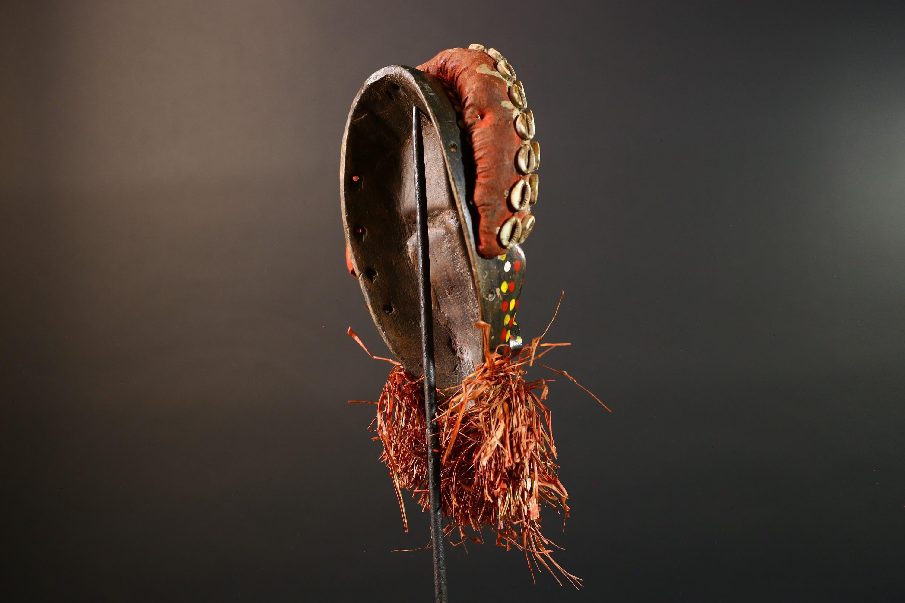 Authentic African Cowrie Shell Mask with Colorful and Raffia Beard Hand-Carved Wooden Tribal Face Wall Art Collectible Decor Piece-G5699