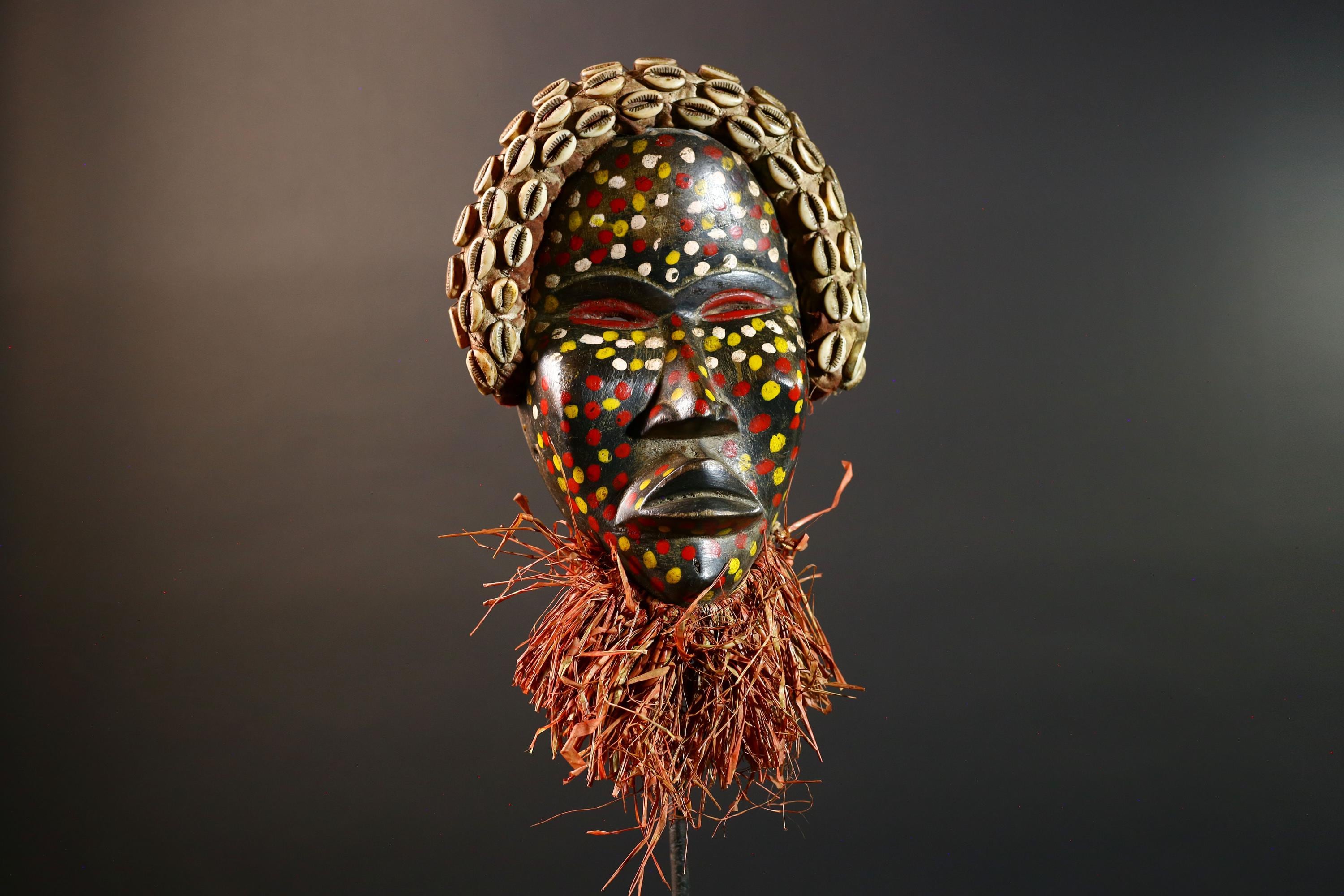 Authentic African Cowrie Shell Mask with Colorful and Raffia Beard Hand-Carved Wooden Tribal Face Wall Art Collectible Decor Piece-G5699