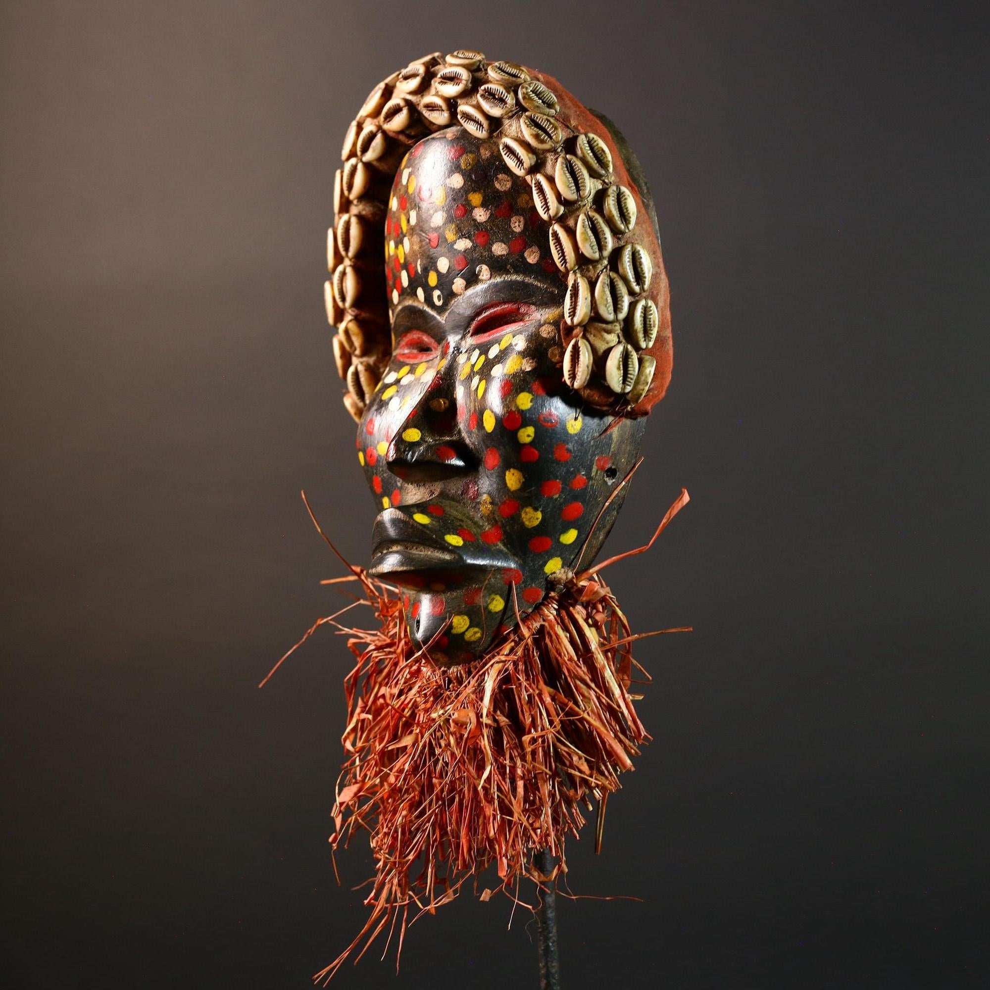Authentic African Cowrie Shell Mask with Colorful and Raffia Beard Hand-Carved Wooden Tribal Face Wall Art Collectible Decor Piece-G5699