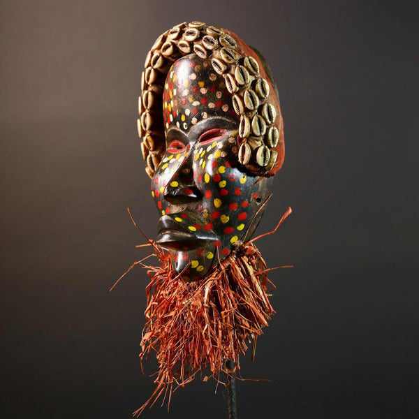 Authentic African Cowrie Shell Mask with Colorful and Raffia Beard Hand-Carved Wooden Tribal Face Wall Art Collectible Decor Piece-G5699