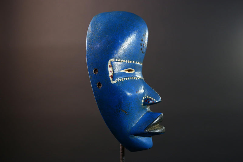 African wood mask Dan blue wall carving tribal decor portrait face mask cultural artifact painted mask decor artisan crafted artwork G5564