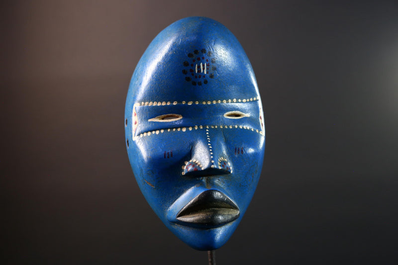 African wood mask Dan blue wall carving tribal decor portrait face mask cultural artifact painted mask decor artisan crafted artwork G5564
