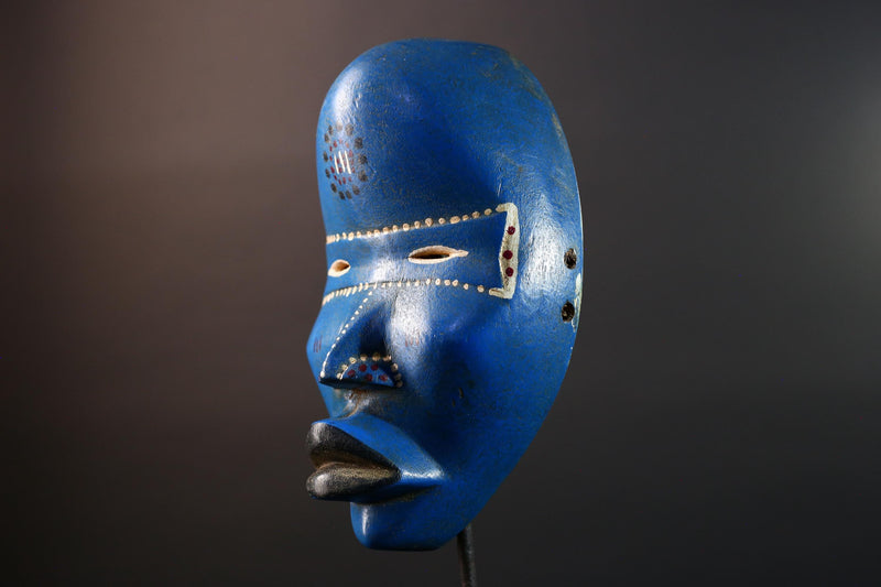 African wood mask Dan blue wall carving tribal decor portrait face mask cultural artifact painted mask decor artisan crafted artwork G5564