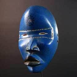 African wood mask Dan blue wall carving tribal decor portrait face mask cultural artifact painted mask decor artisan crafted artwork G5564