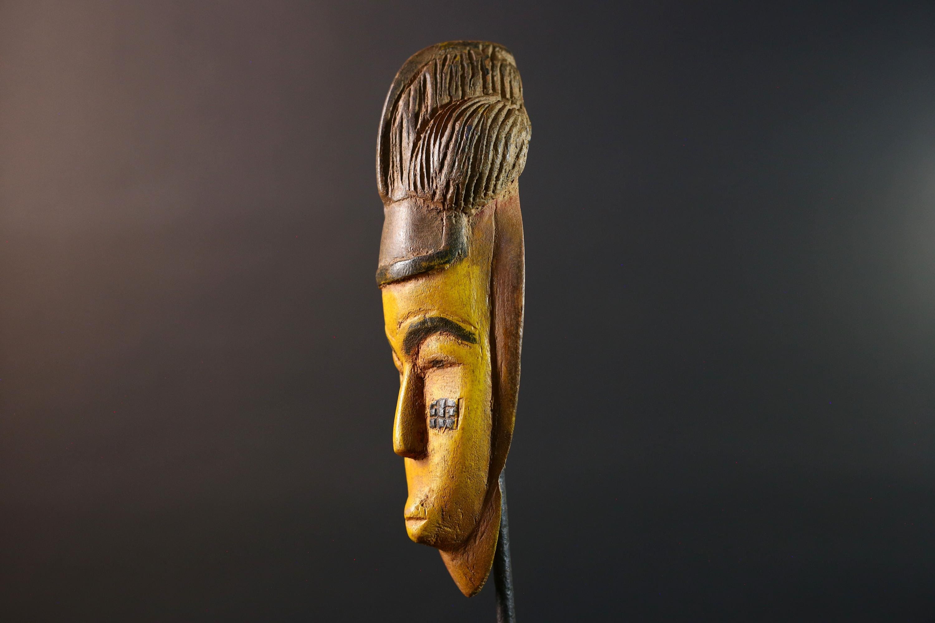 African mask Baule yellow wall sculpture tribal face carving cultural artifact leaf crest decor artisan African wood art piece G5565