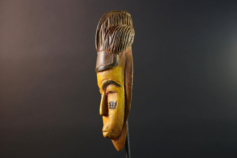 African mask Baule yellow wall sculpture tribal face carving cultural artifact leaf crest decor artisan African wood art piece G5565