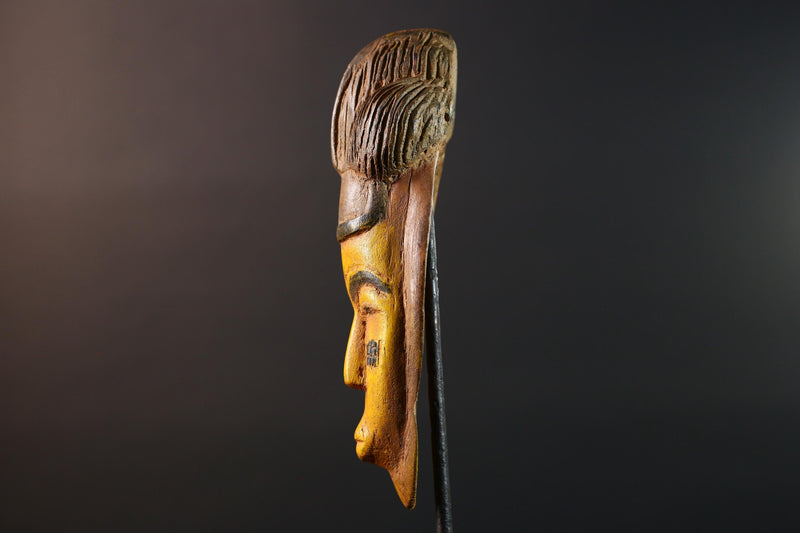 African mask Baule yellow wall sculpture tribal face carving cultural artifact leaf crest decor artisan African wood art piece G5565