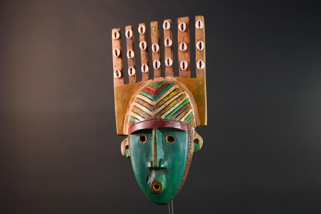 African mask Bwoom tribal wall carving green face decor cowrie shell artwork unique crest art cultural artifact collectible mask G5566