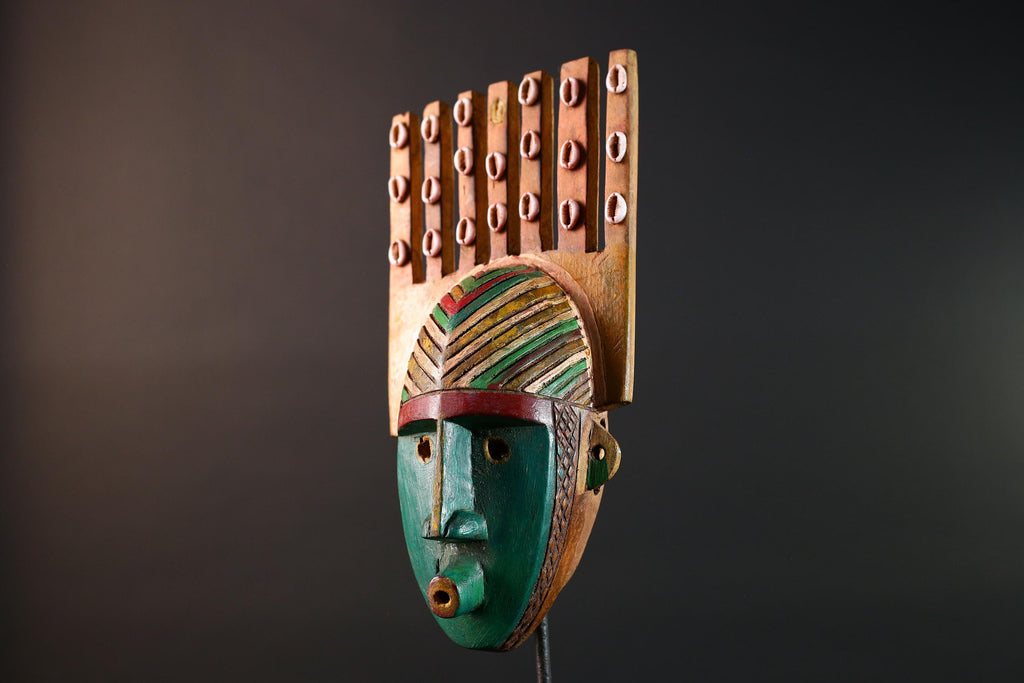 African mask Bwoom tribal wall carving green face decor cowrie shell artwork unique crest art cultural artifact collectible mask G5566