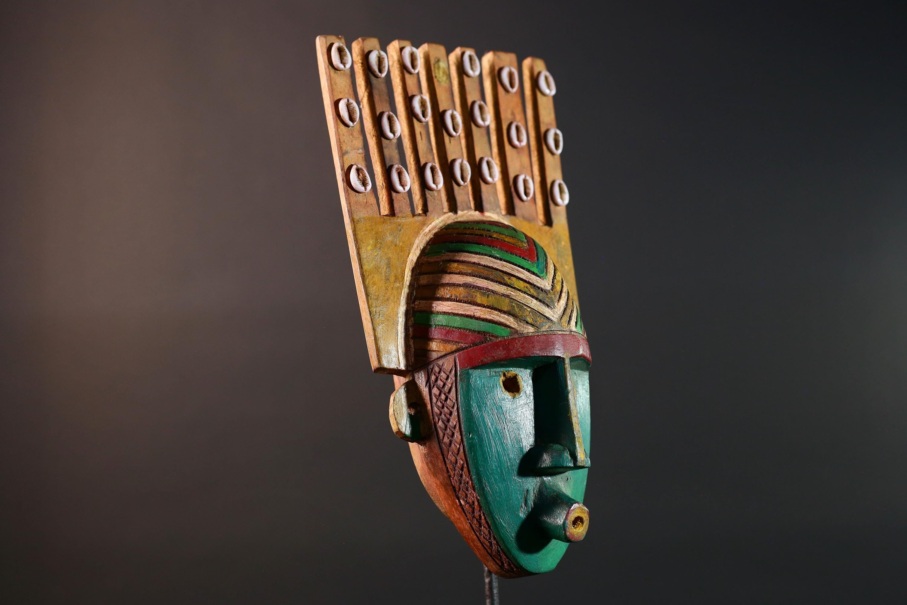 African mask Bwoom tribal wall carving green face decor cowrie shell artwork unique crest art cultural artifact collectible mask G5566