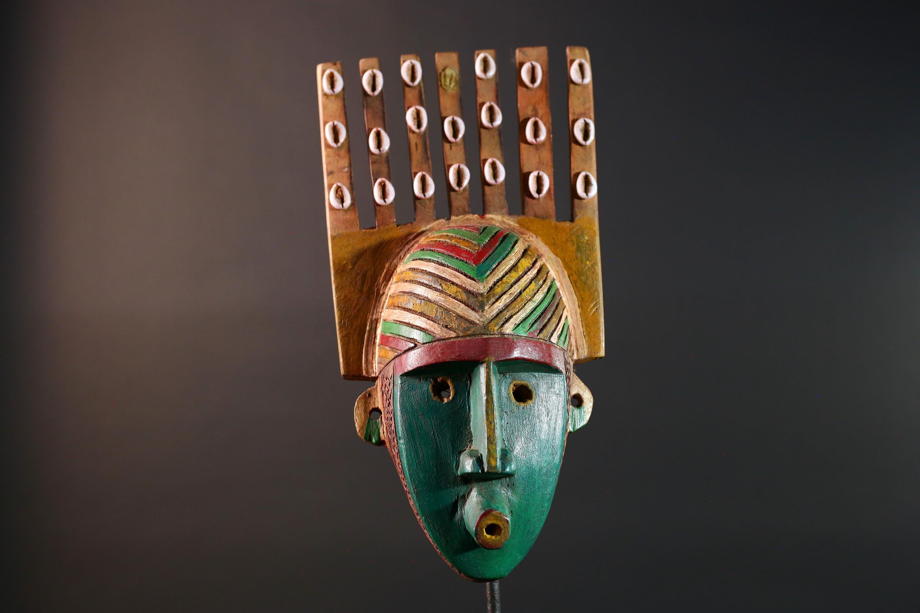 African mask Bwoom tribal wall carving green face decor cowrie shell artwork unique crest art cultural artifact collectible mask G5566