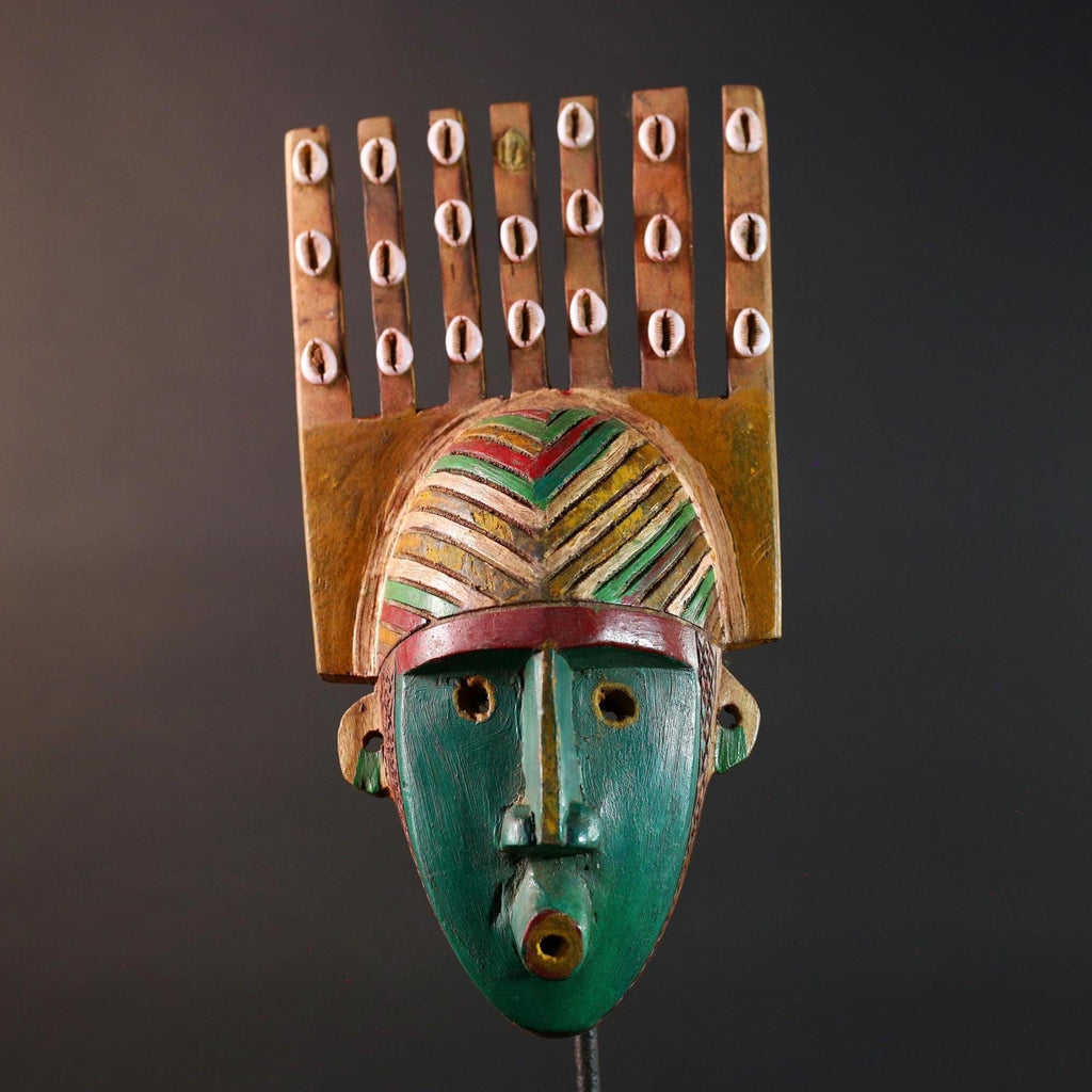 African mask Bwoom tribal wall carving green face decor cowrie shell artwork unique crest art cultural artifact collectible mask G5566