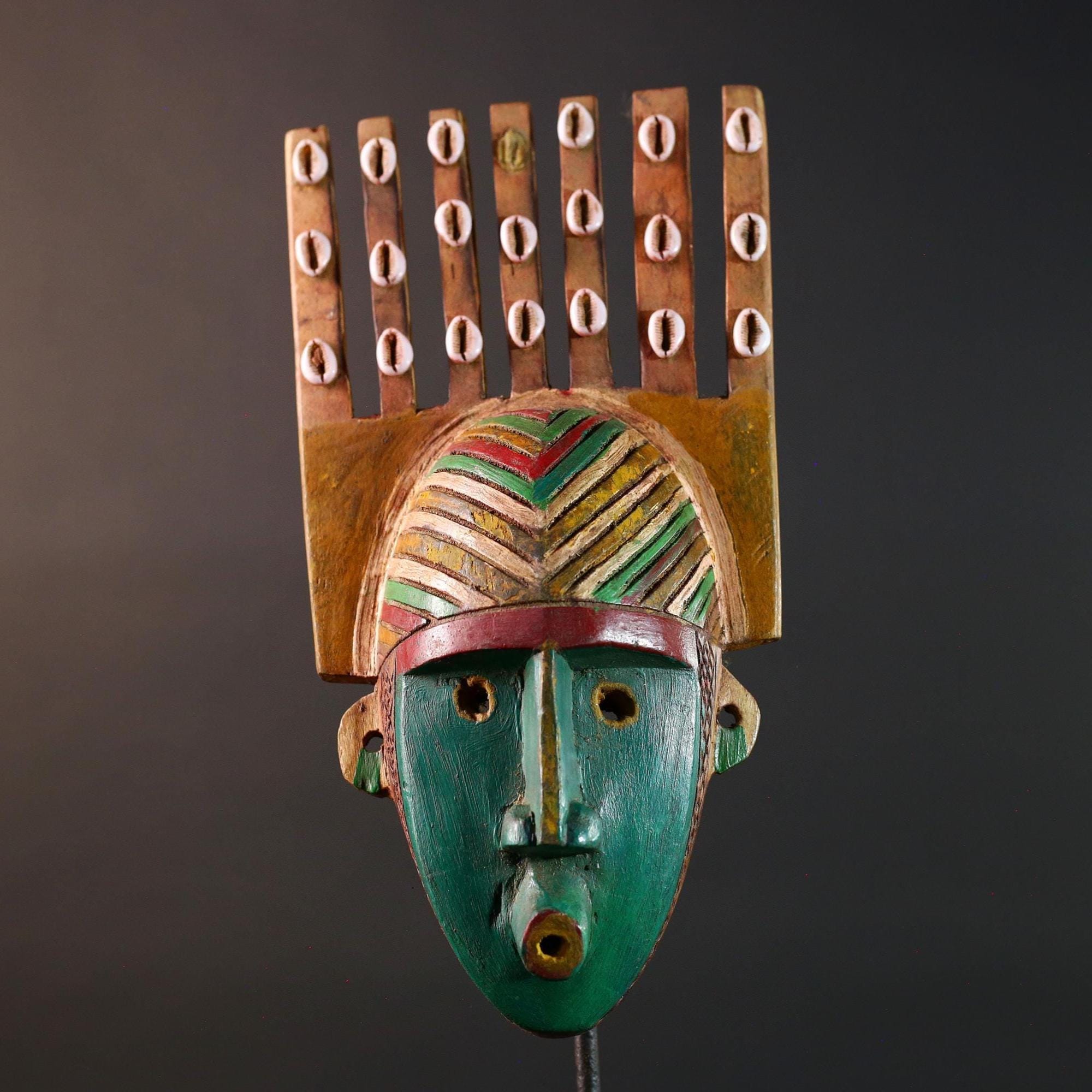 African mask Bwoom tribal wall carving green face decor cowrie shell artwork unique crest art cultural artifact collectible mask G5566
