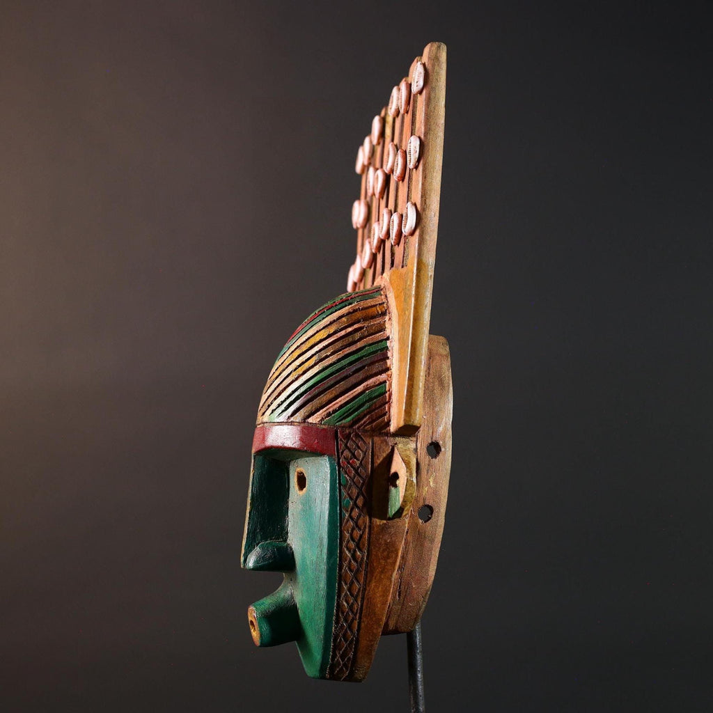 African mask Bwoom tribal wall carving green face decor cowrie shell artwork unique crest art cultural artifact collectible mask G5566