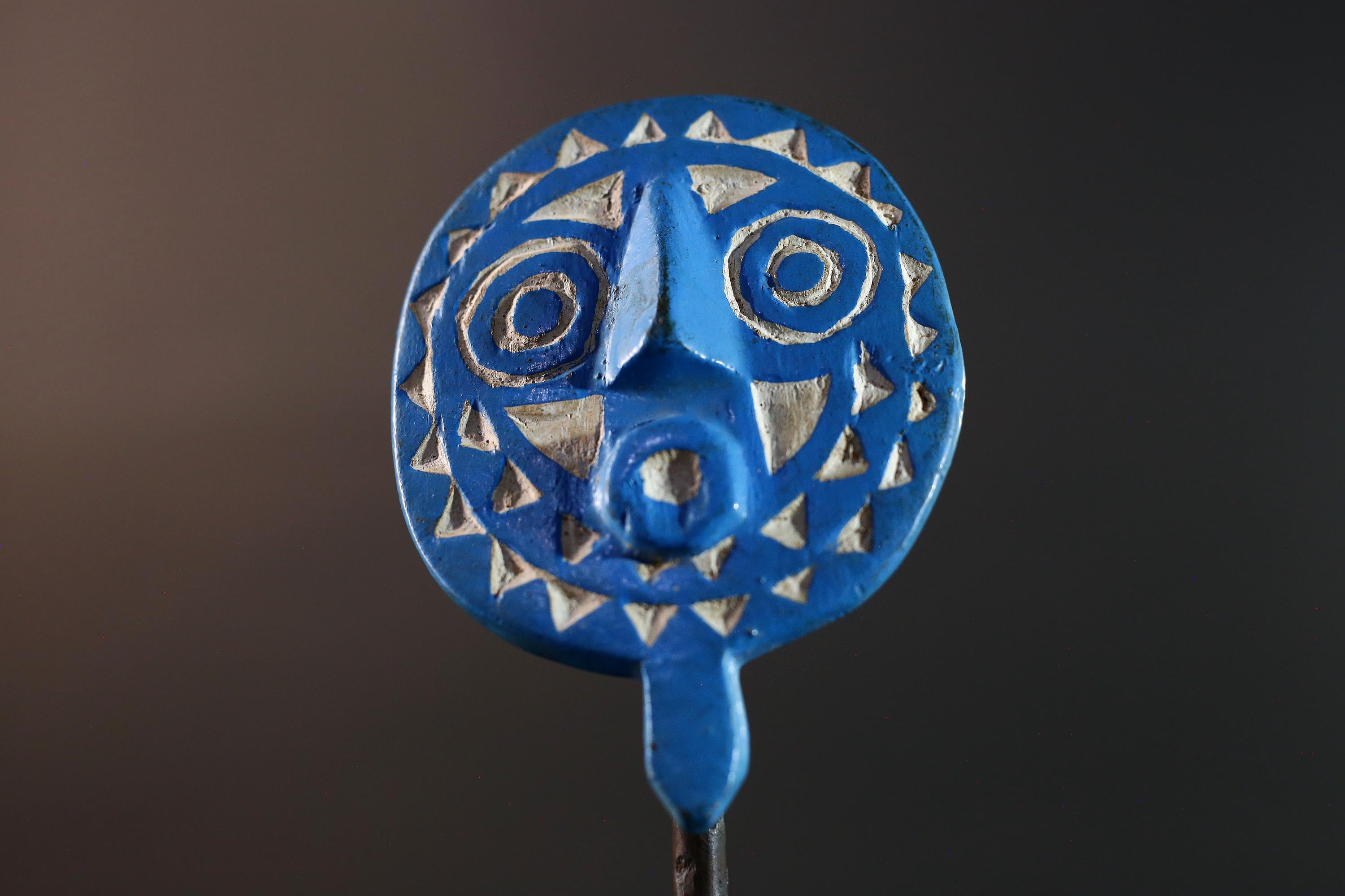 African wall mask Bwa tribal sunburst carving blue geometric face art small decorative mask cultural wall decor collectible artwork G5577