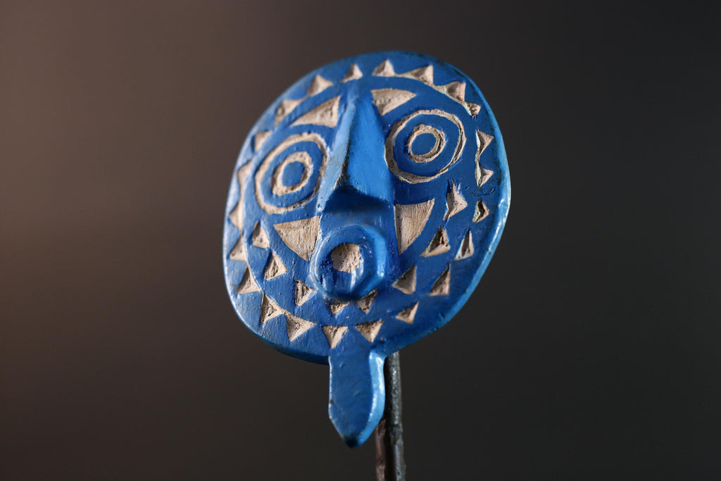 African wall mask Bwa tribal sunburst carving blue geometric face art small decorative mask cultural wall decor collectible artwork G5577