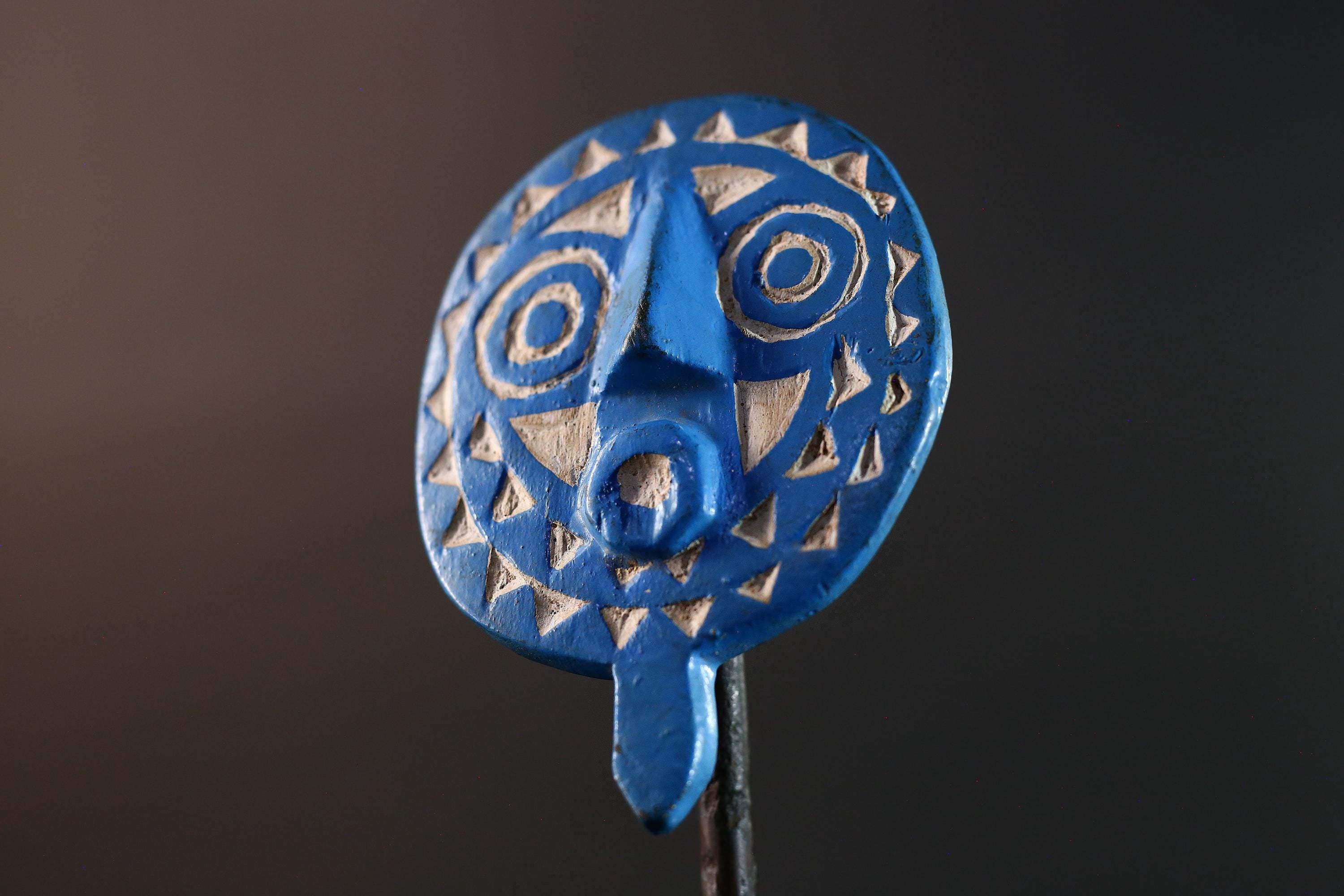 African wall mask Bwa tribal sunburst carving blue geometric face art small decorative mask cultural wall decor collectible artwork G5577