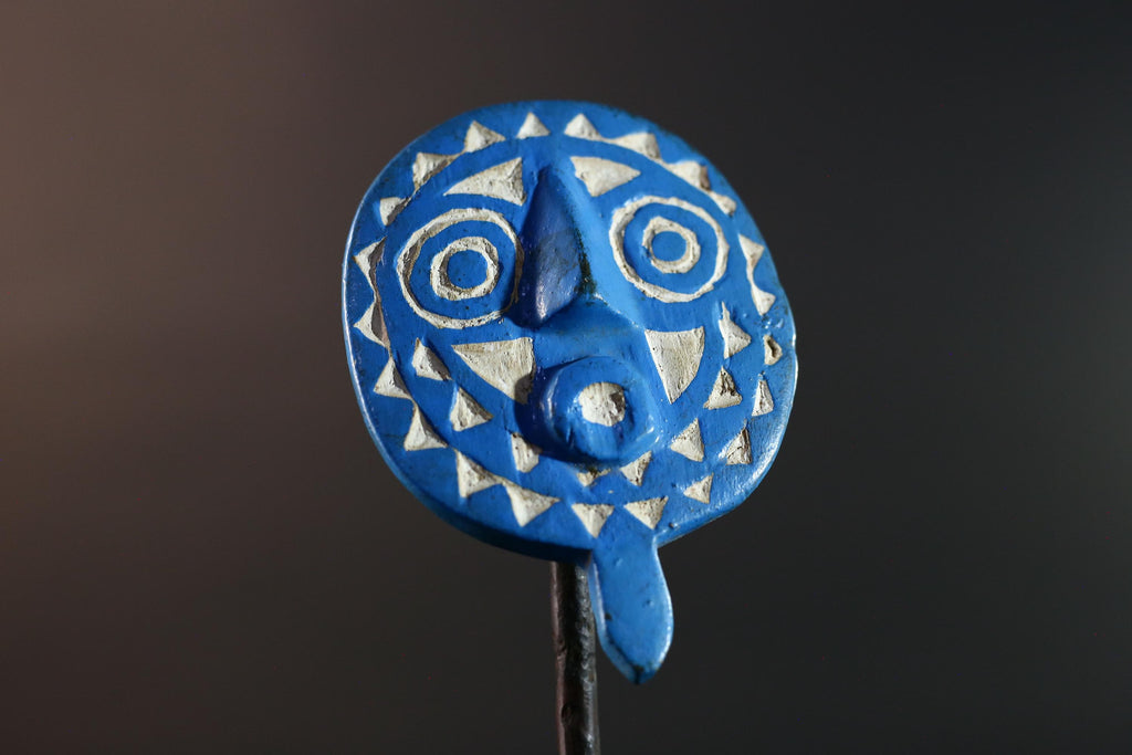 African wall mask Bwa tribal sunburst carving blue geometric face art small decorative mask cultural wall decor collectible artwork G5577