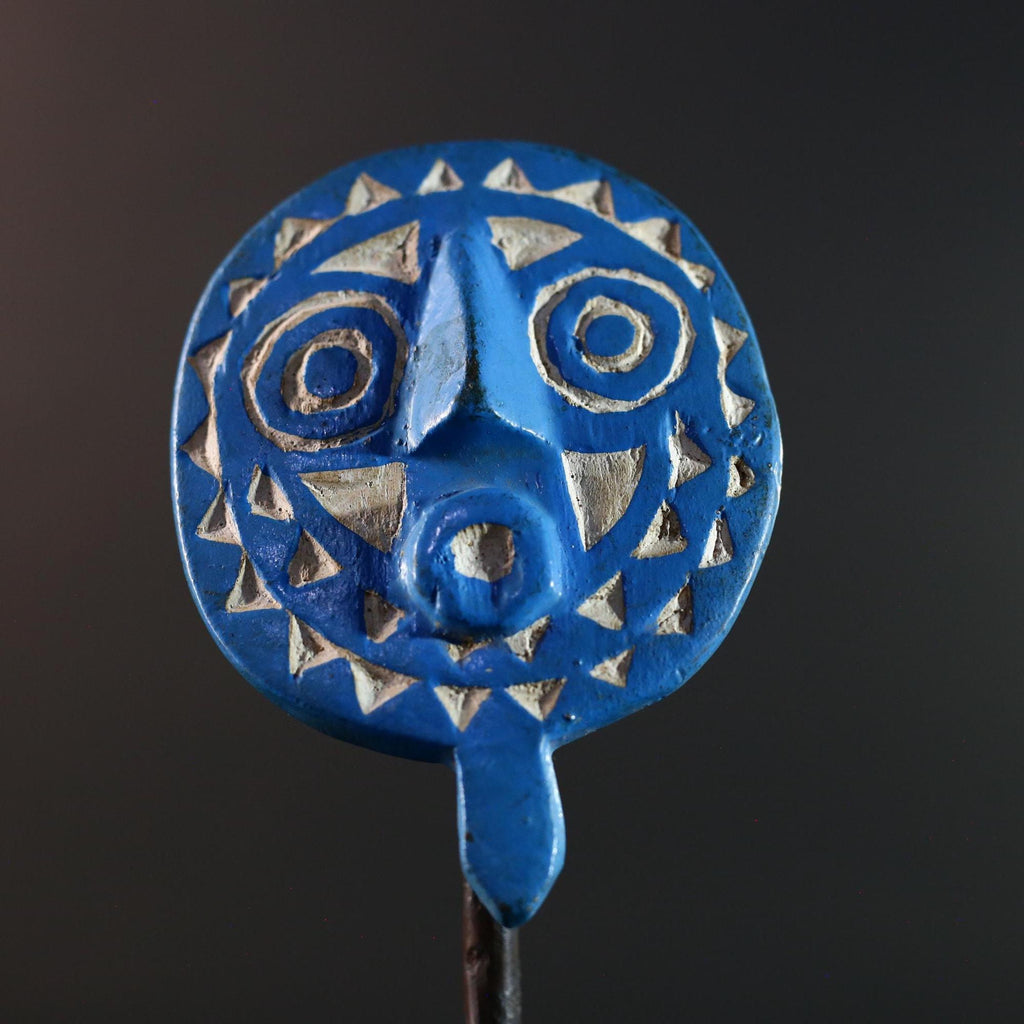 African wall mask Bwa tribal sunburst carving blue geometric face art small decorative mask cultural wall decor collectible artwork G5577