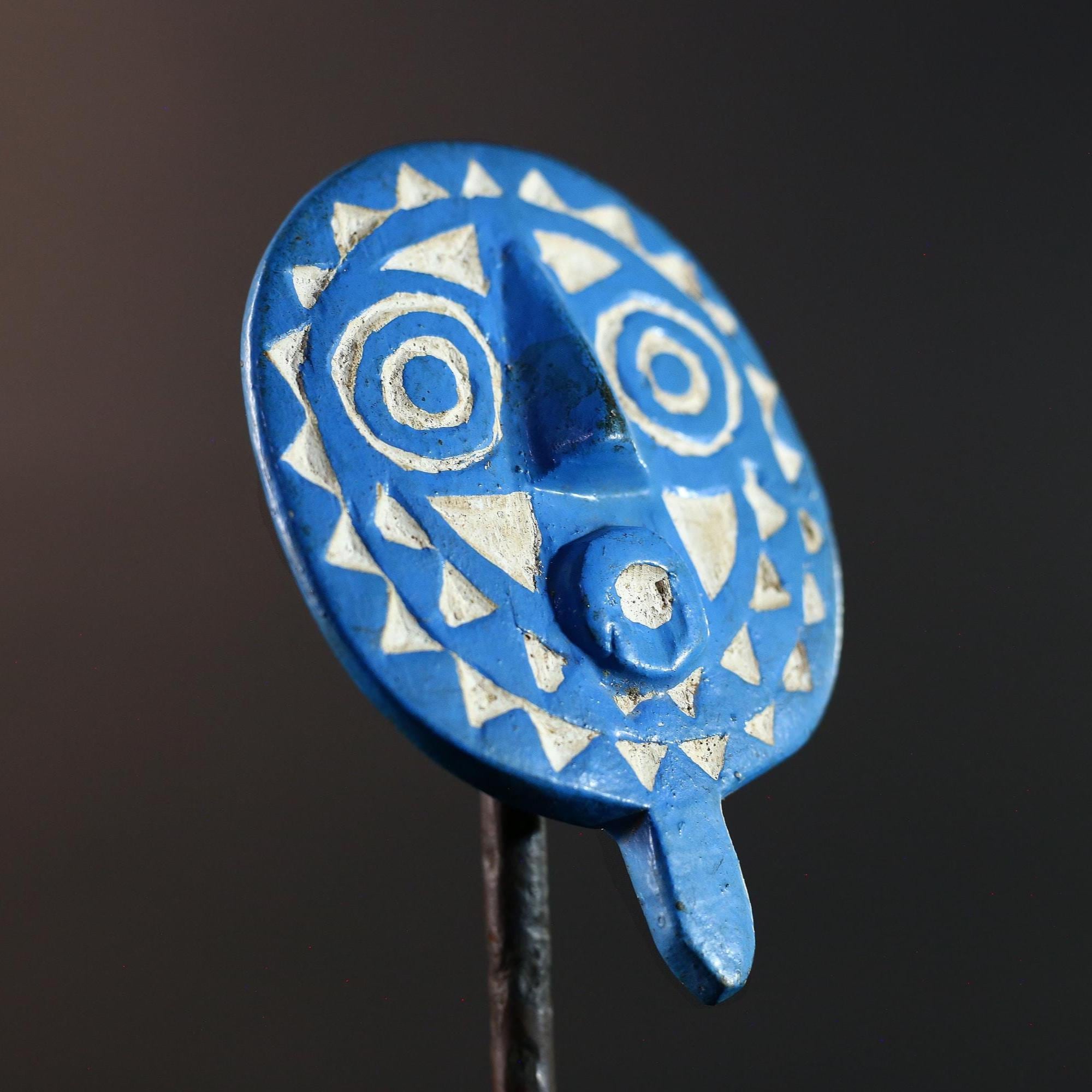 African wall mask Bwa tribal sunburst carving blue geometric face art small decorative mask cultural wall decor collectible artwork G5577