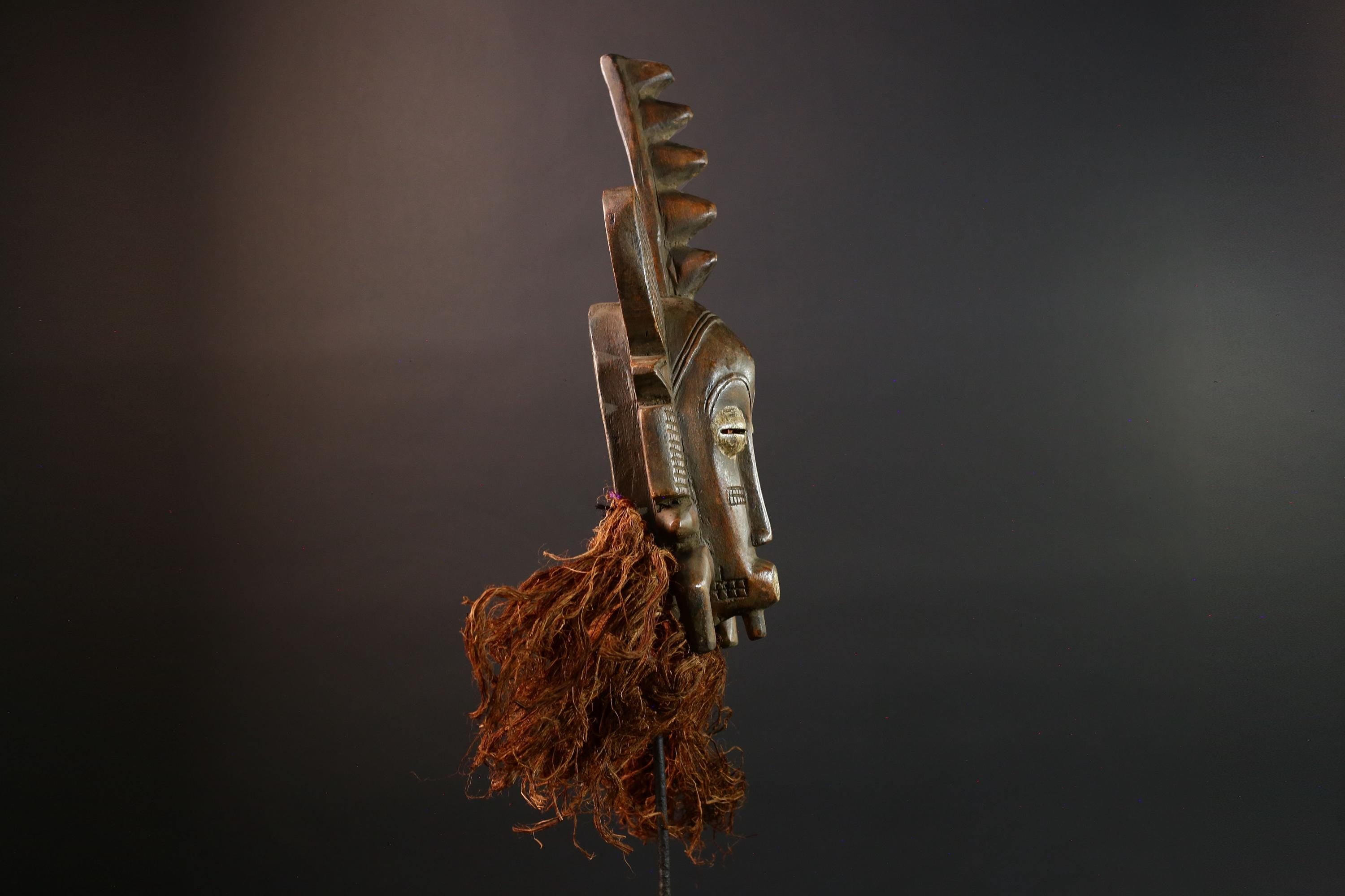 African mask Senufo tribal warrior face carving with raffia beard tall crest art cultural wall decor bold ceremonial mask sculpture G5578