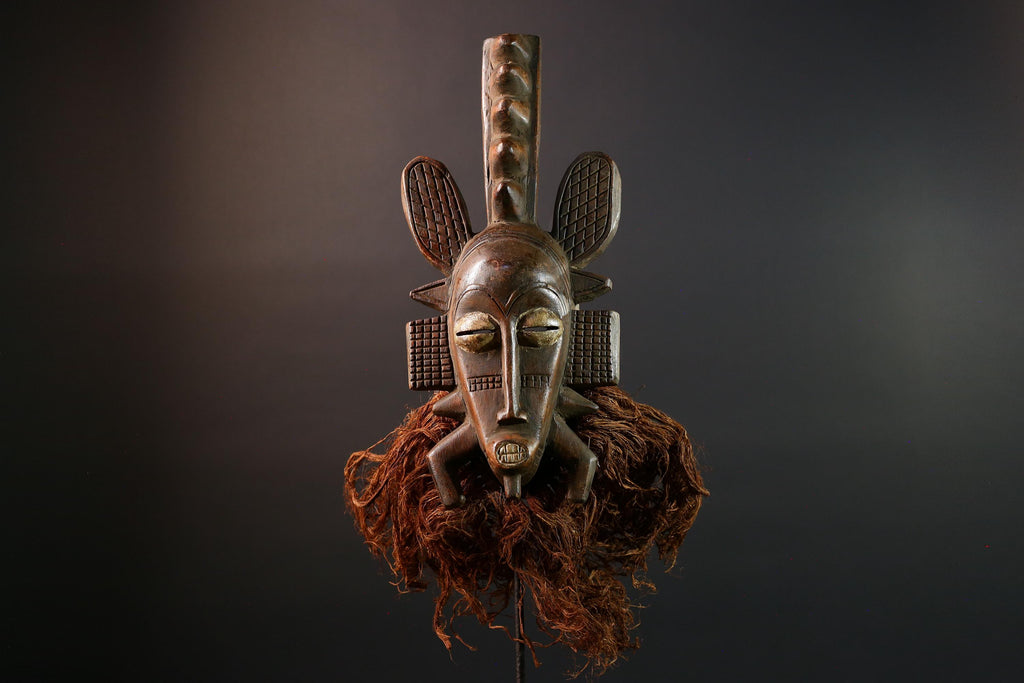 African mask Senufo tribal warrior face carving with raffia beard tall crest art cultural wall decor bold ceremonial mask sculpture G5578
