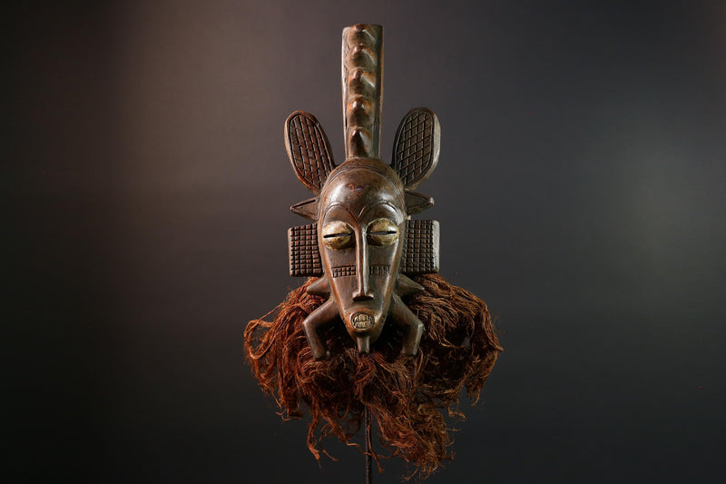 African mask Senufo tribal warrior face carving with raffia beard tall crest art cultural wall decor bold ceremonial mask sculpture G5578