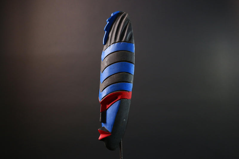 African Dan Tribal Wall Mask Hand Carved Blue Red Black Art Geometric Face Sculpture Boho Folk Decor Ethnic Home Accent-G5579